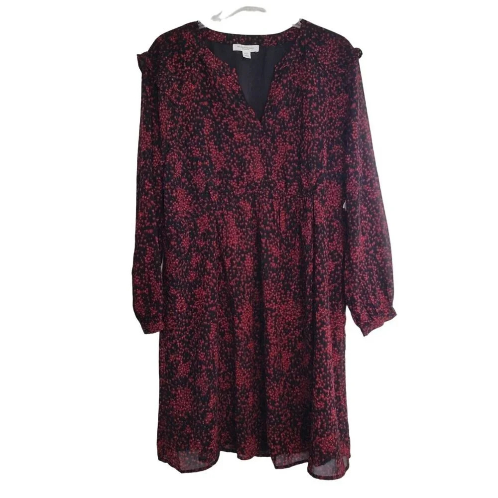 Beach Lunch Lounge Dress Women Size L Black Red Long Sleeve Lined Split Neck